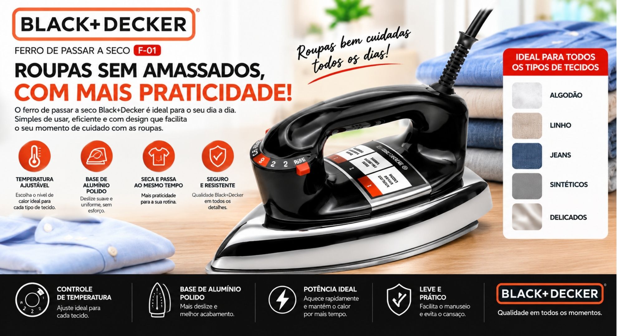 Ferro de Passar Roupa a Seco - BLACK+DECKER - 1100W - 110V - VFA1110TM2