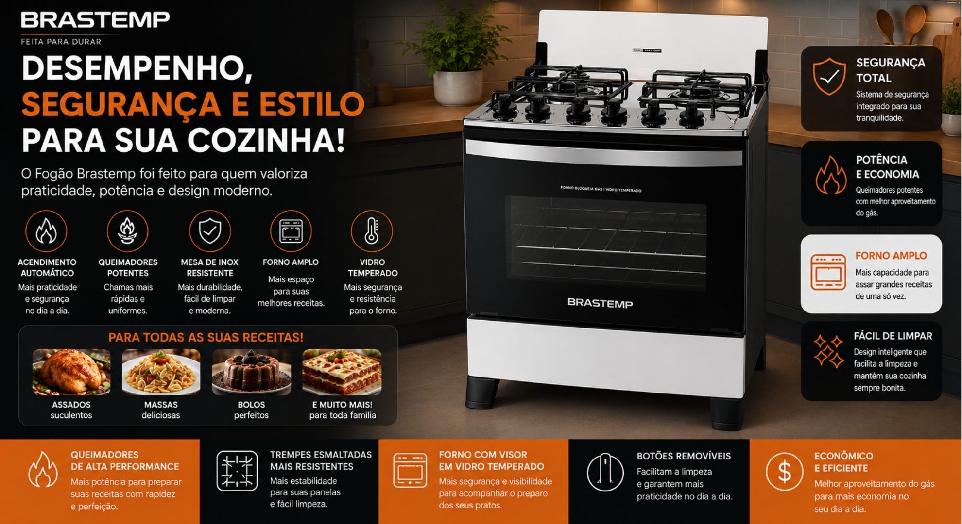Fogão Brastemp 4 Bocas - Bivolt - BFO4NBB