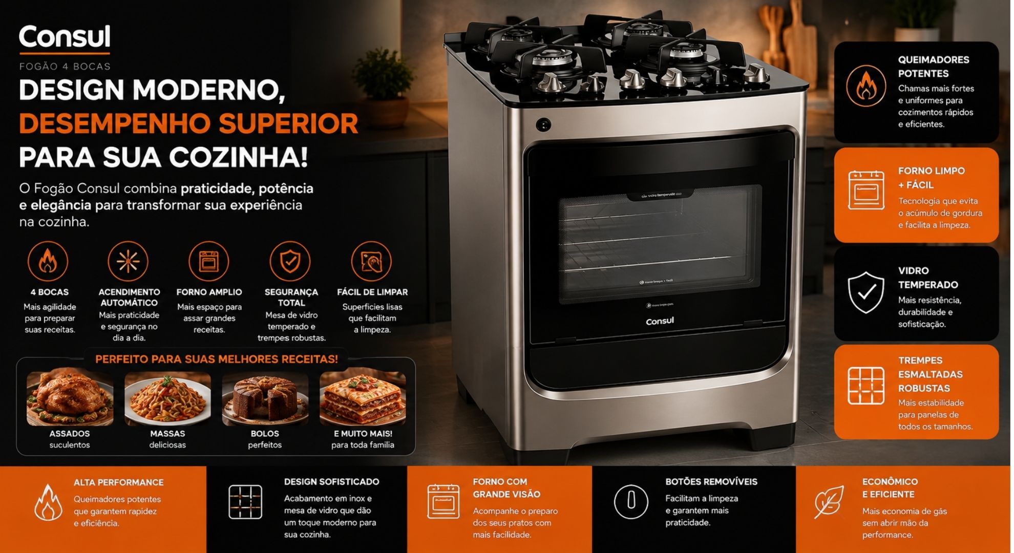 Fogão Consul 4 bocas - Acendimento automático - Bivolt - CFO4NAR