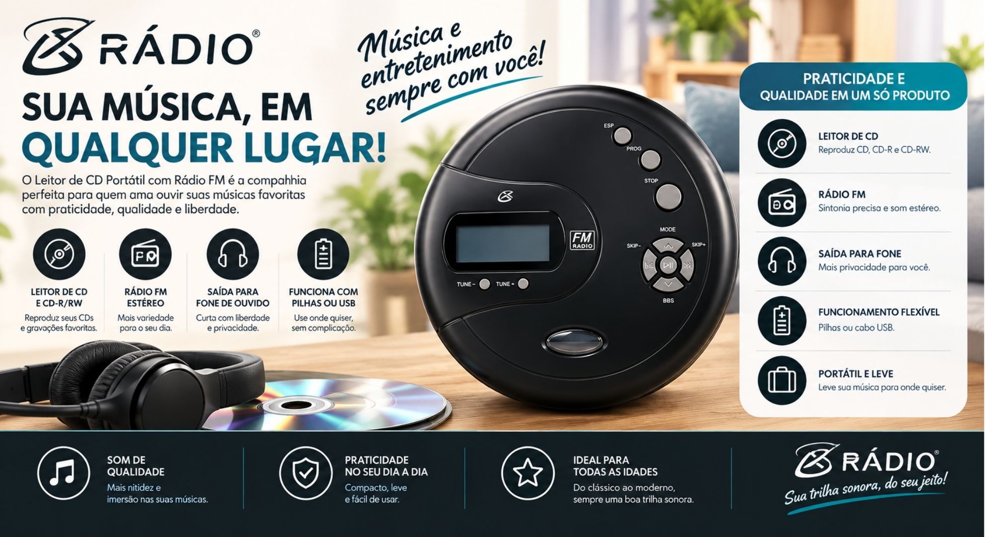 Leitor de CD portátil PC332B - GPX - Rádio FM - Fones de Ouvido Estéreo - Preto