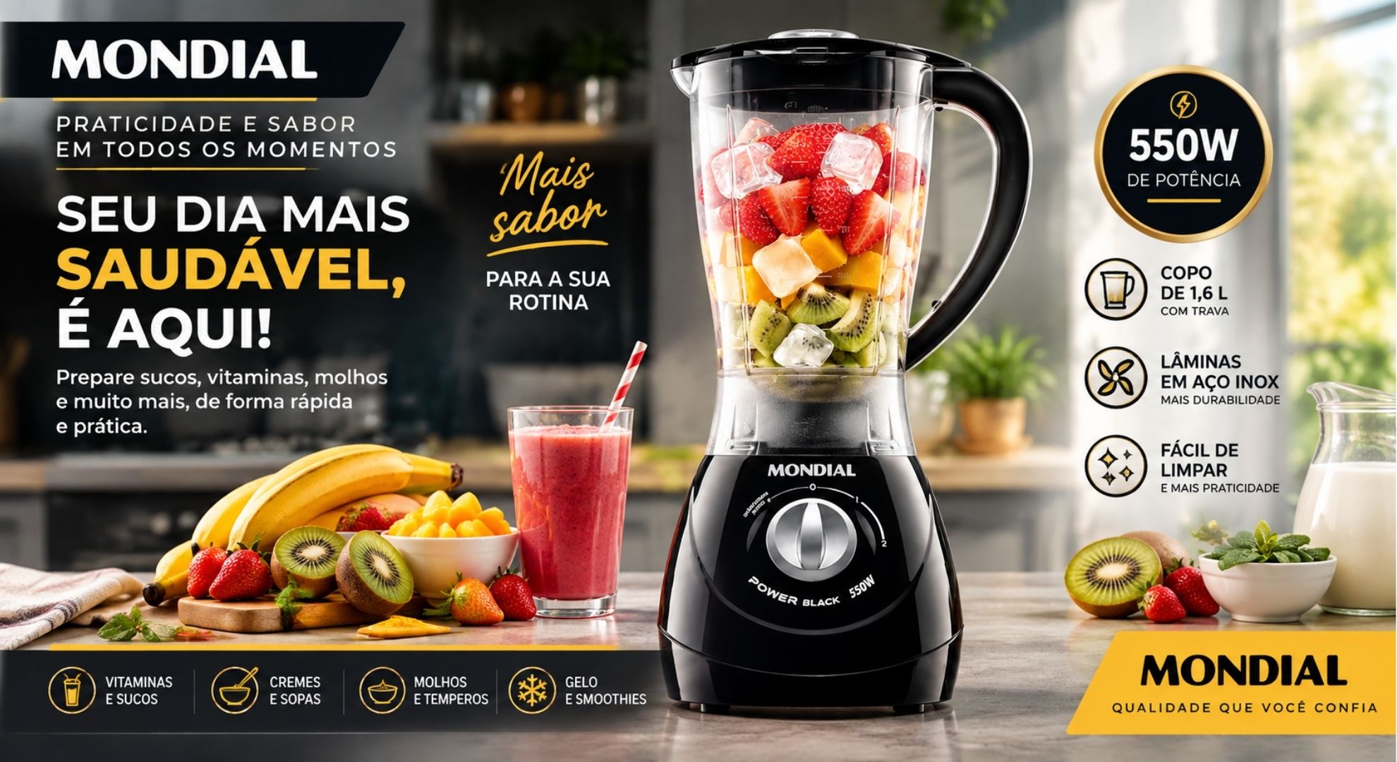 Liquidificador Mondial Power 2 Black - 550W - 110V - L-28