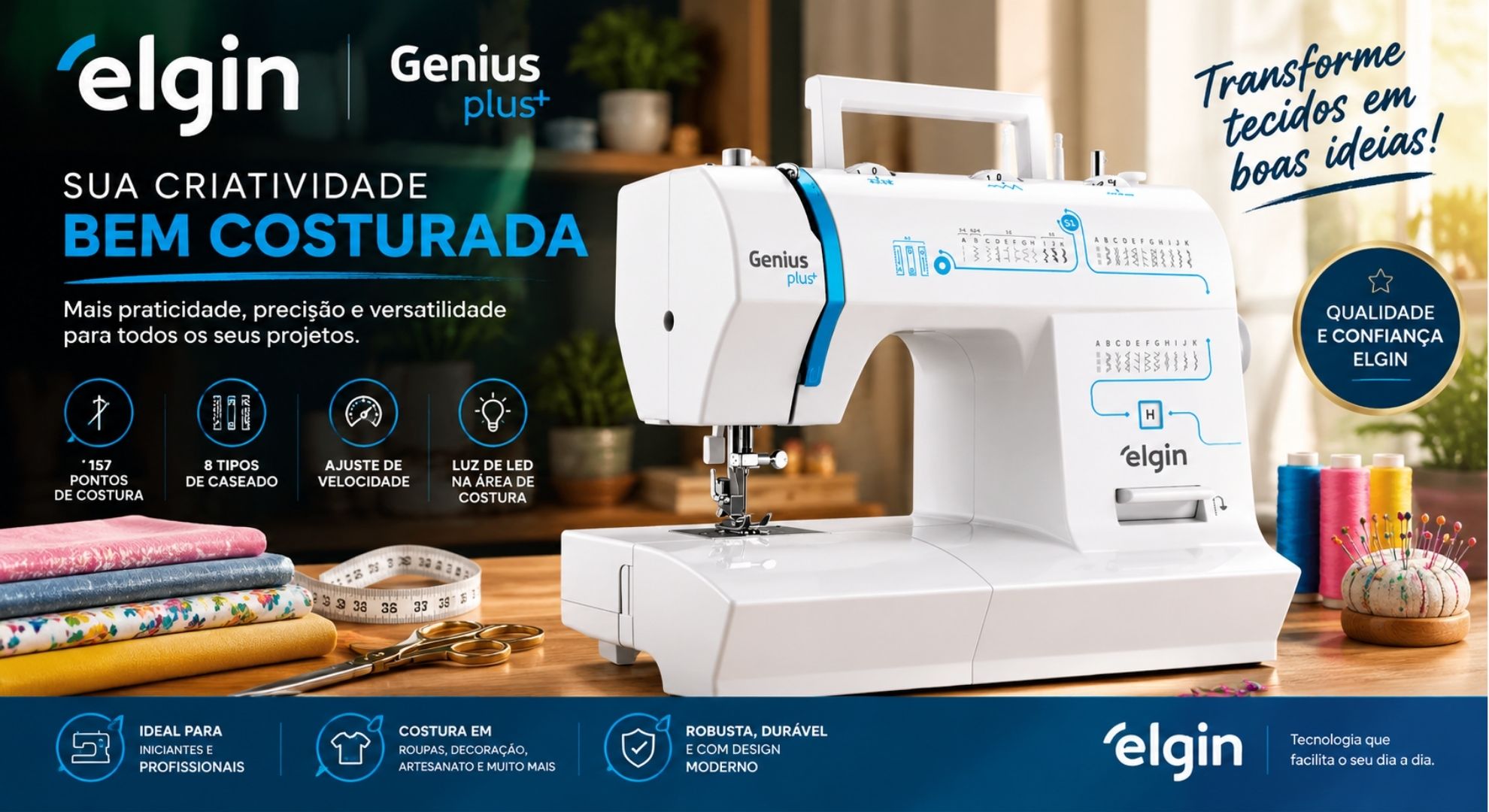 Máquina de Costura Genius Plus Elgin Portátil - 110V