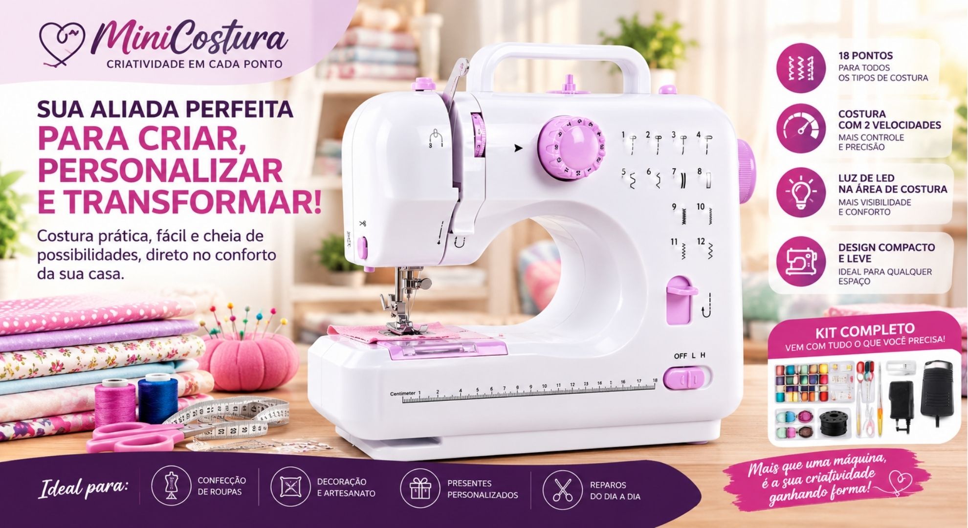 Mini Máquina de Costura Portátil Doméstica - ANNOSS- 70W - Bivolt