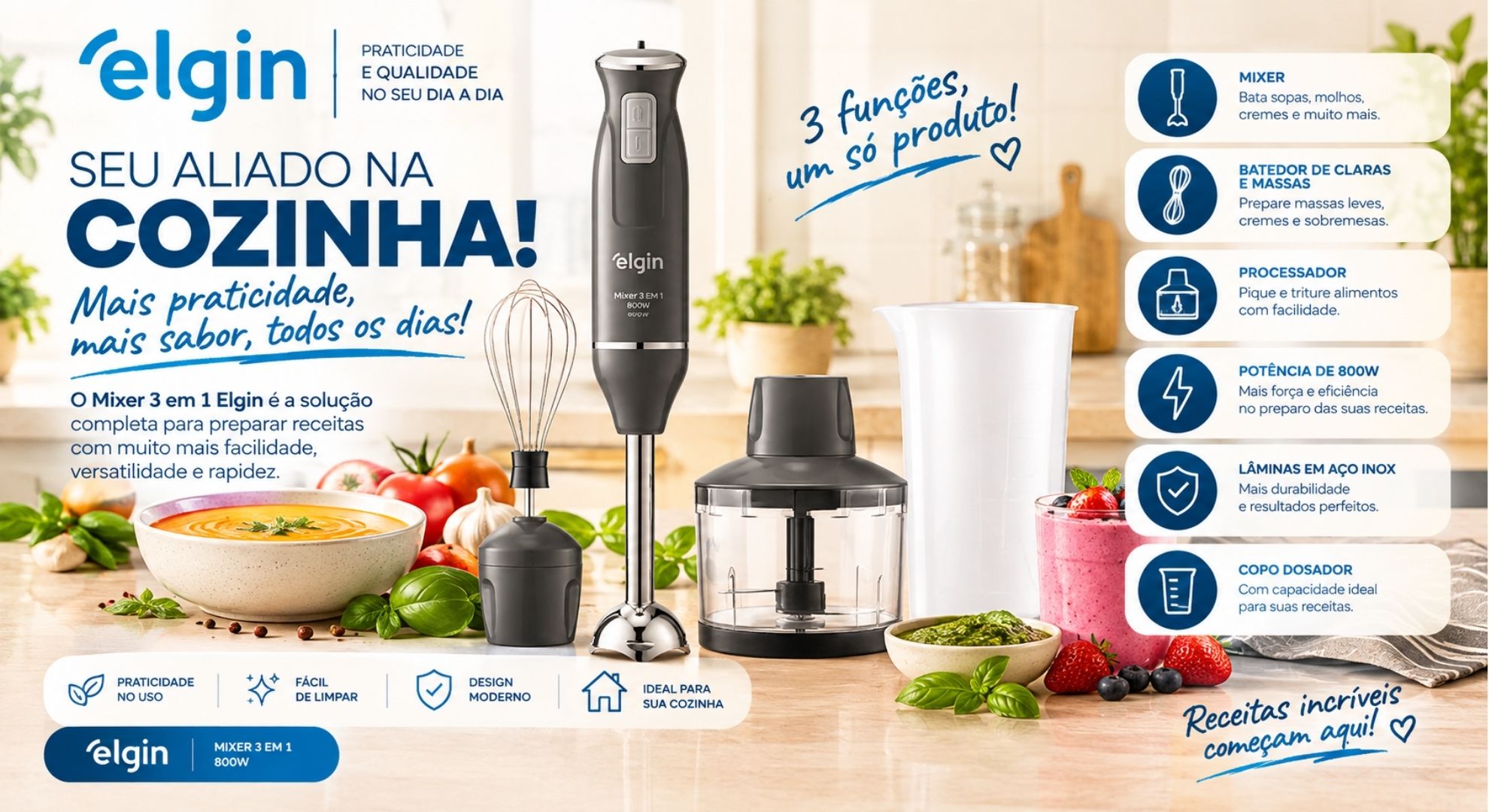 Mixer Power Inox 3 em 1 - Elgin - 600W - 110V