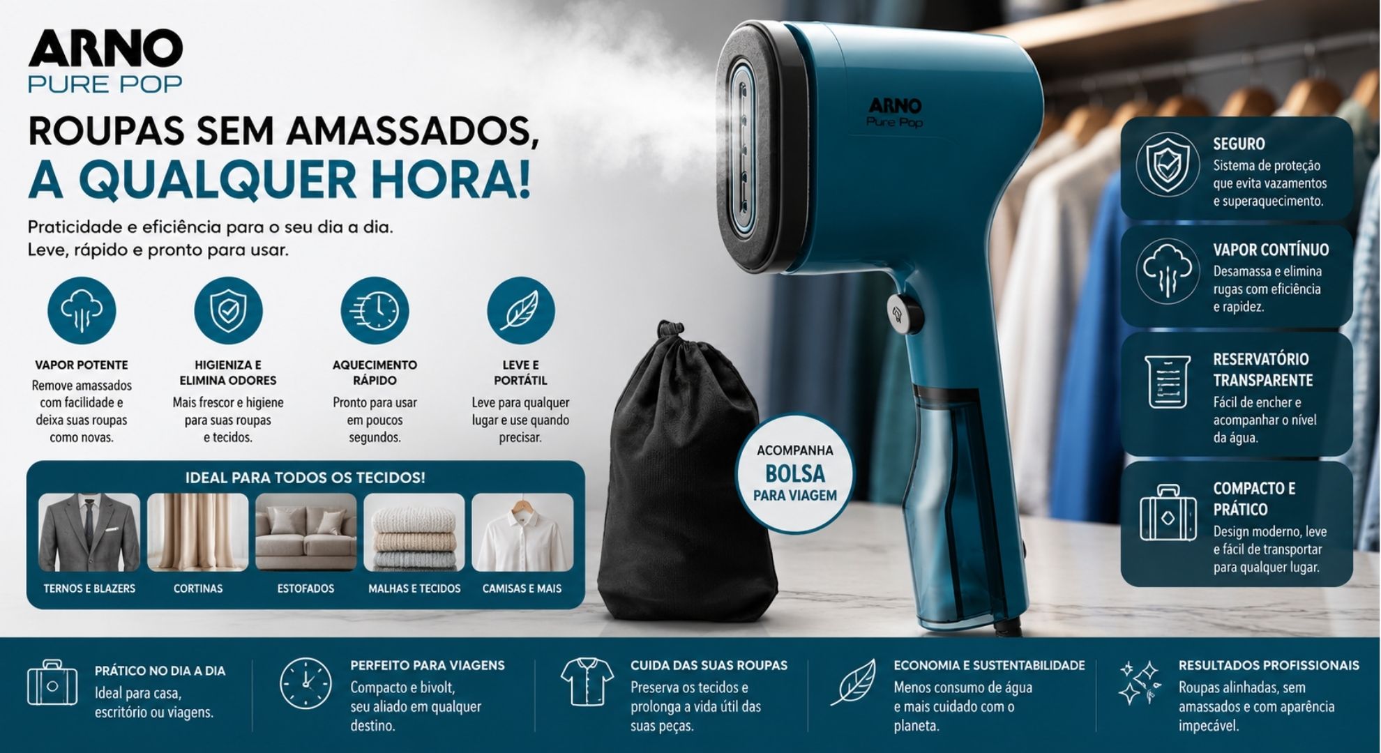Vaporizador de Roupas Arno Pure Pop Portátil - 1100W - 110V