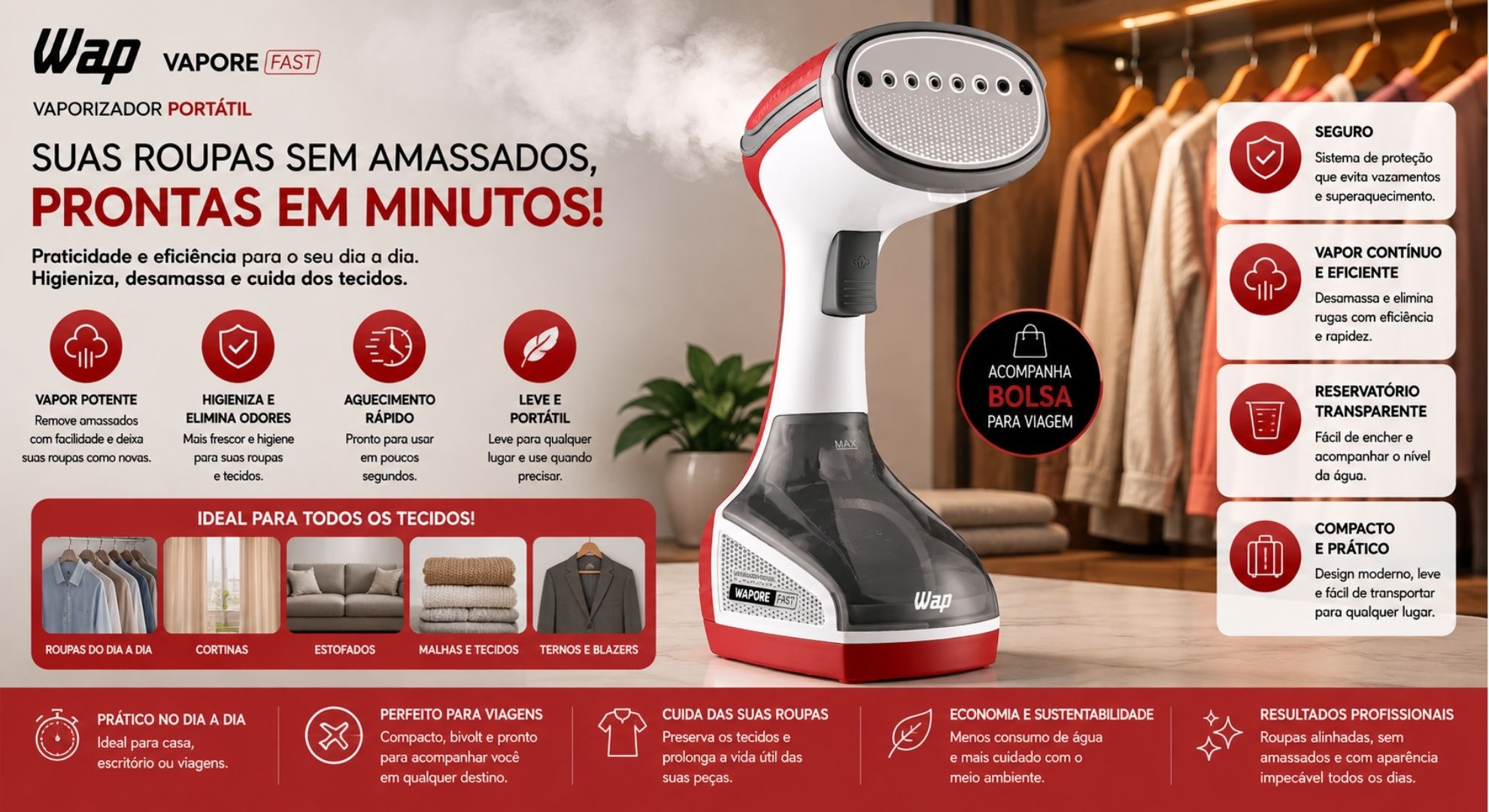 Vaporizador de Roupas e Tecidos Wapore com Escova Wap - 1250W - 127V